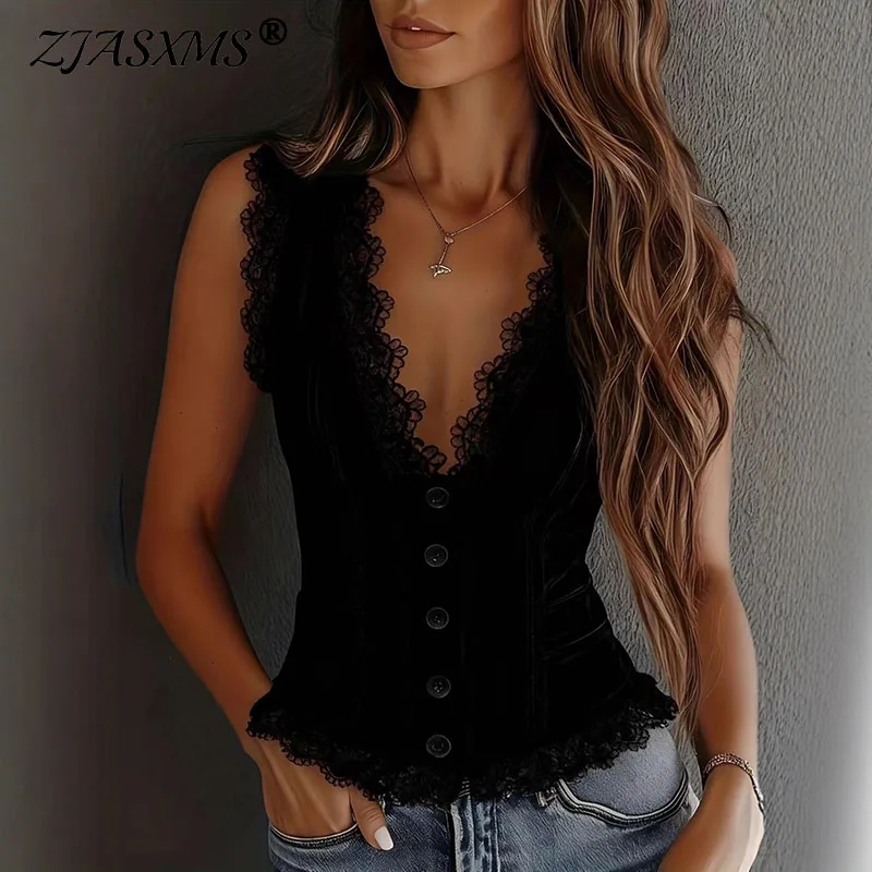 

Hollow-out Deep V Neck Splicing Lace T-shirt Woman Sexy Single Breasted Tank Tops 2026 Spring Summer Sleeveless Streetwear Shirt
