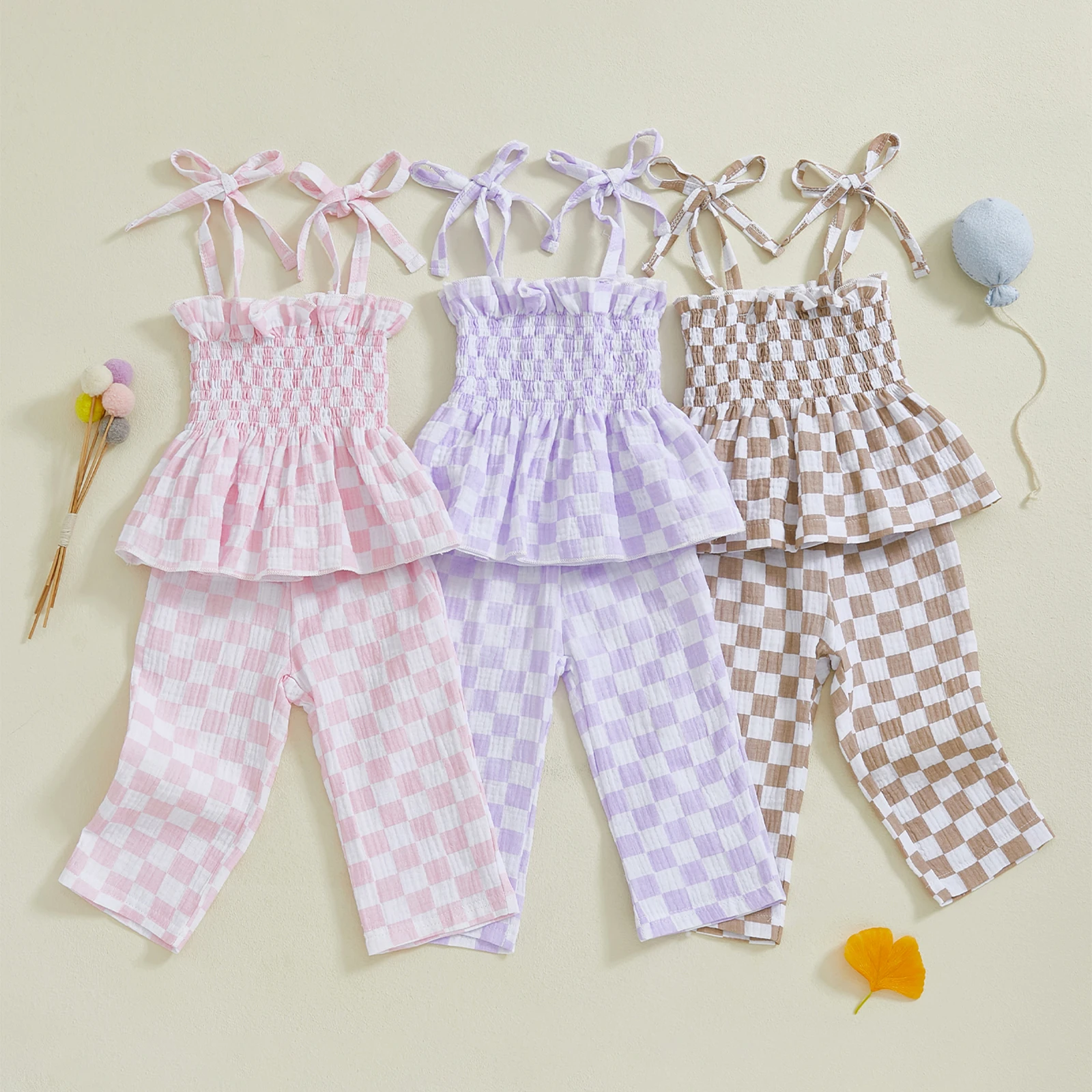 Little Girl Checkered Outfit, Tie Shoulder Shirred Babydoll Tops Elastic Waist Long Pants 2 Pcs Summer Set