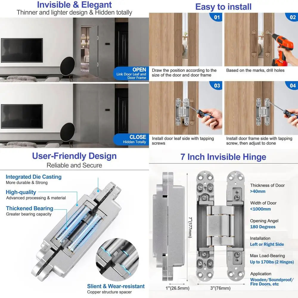 

7-дюймовые скрытые дверные петли из нержавеющей стали для раскрытия на 180 градусов, 3-сторонние регулируемые, усиленные