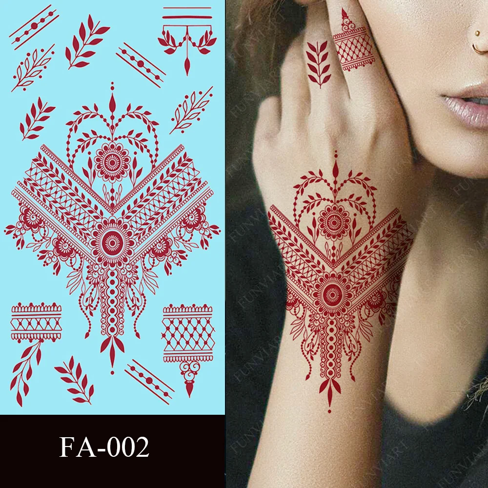 Maroon Henna Stickers for Hands Waterproof Temporary Henna Tattoos for Women Fake Tattoo Brown Henna Decorations Wedding