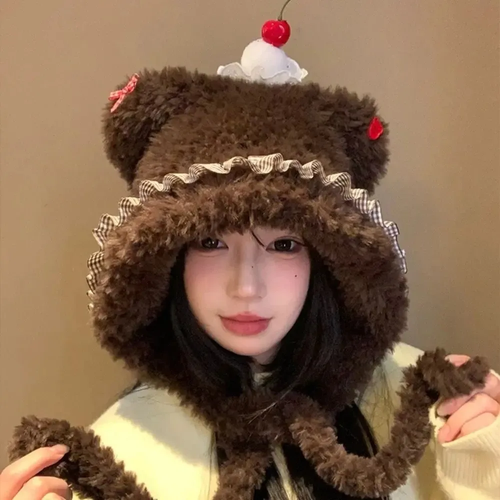 

Gifts Cake Bear Ear Protection Hat Cute Korean Style Thick Knitted Hat Windproof Headgear Winter Warm Hat Hiking
