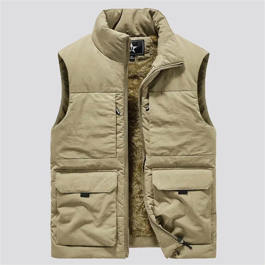 Winter Men's Cargo Vest Thick Fleece Warm Sleeveless Jacket Solid Color Tactical Vests Windproof Coat Men Work Waistcoat 6XL