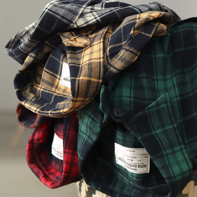 Autumn New Japanese Retro 300g Heavyweight Long-Sleeve Lapel Plaid Cargo Shirt Men's Simple Washed Double Pocket Casual Blouses
