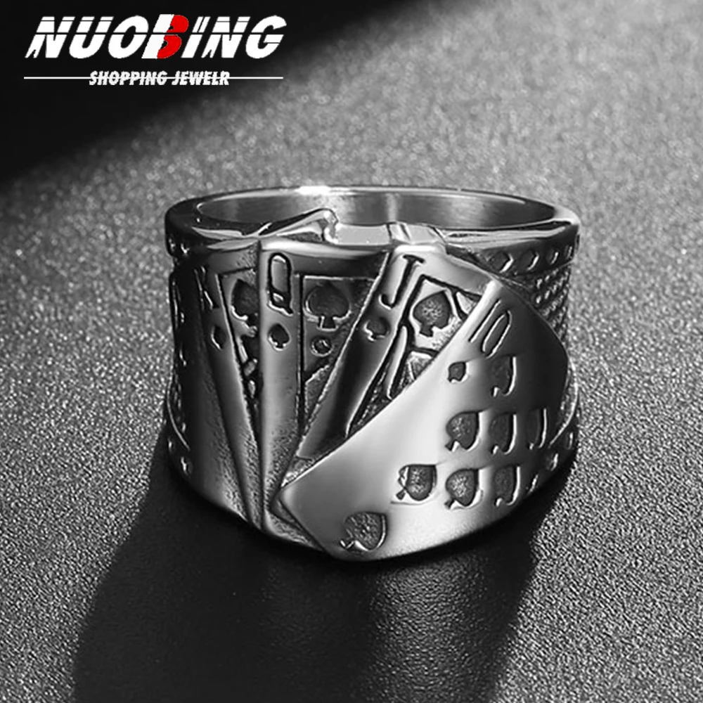 Vintage Unisex Poker Card Shaped Lucky Men Playing Card Finger Stainless Steel Fashion Party Jewelry Suitable for Daily Wear