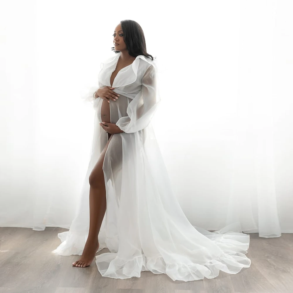 

Silk Organza Dress for Pregnant Women for Photo Shoot with Puffy Sleeves and Flowing Train Pregnancy Shooting Dress YW231095