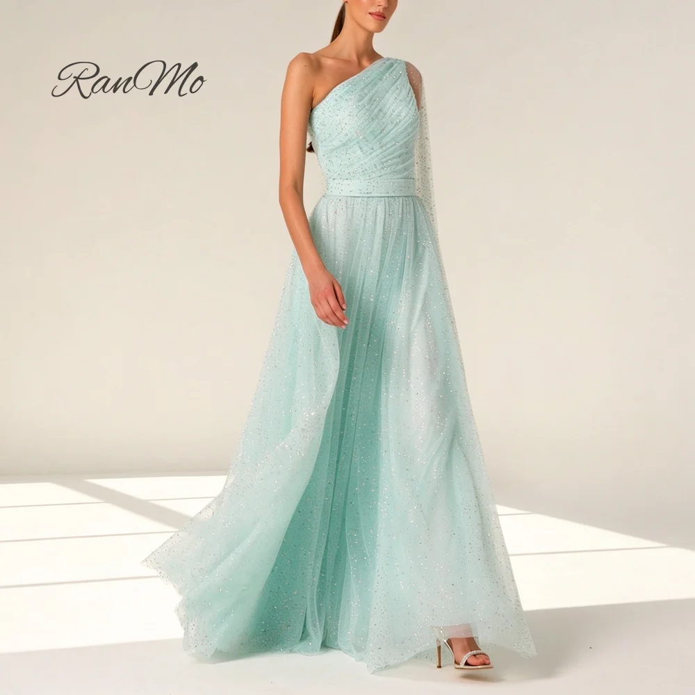 Customizable RanMo Mint A-line Evening Gown One Shoulder Glitter Tulle With Flowing Cape Sleeve Formal Party Dress