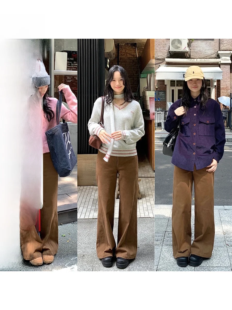 

Брюки женские с высокой талией, широкие, прямые, свободные, длинные, коричневые, повседневные, для осени и зимы, новинка