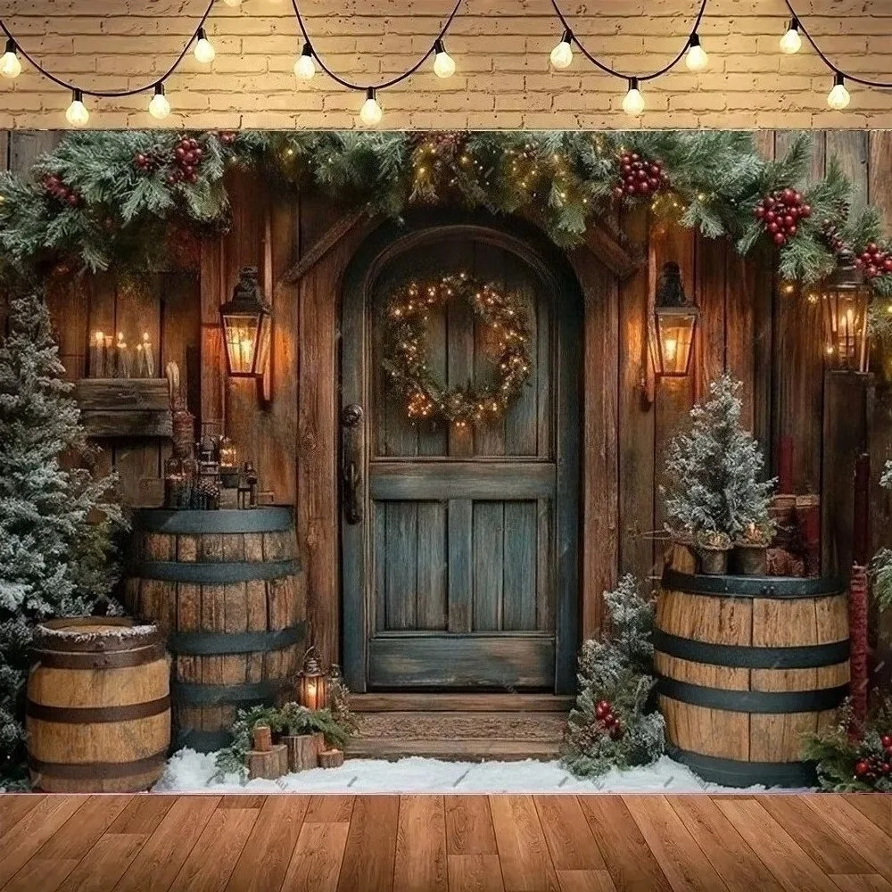 Winter Christmas countryside farm arch photography background, Christmas tree family portrait decoration background photography