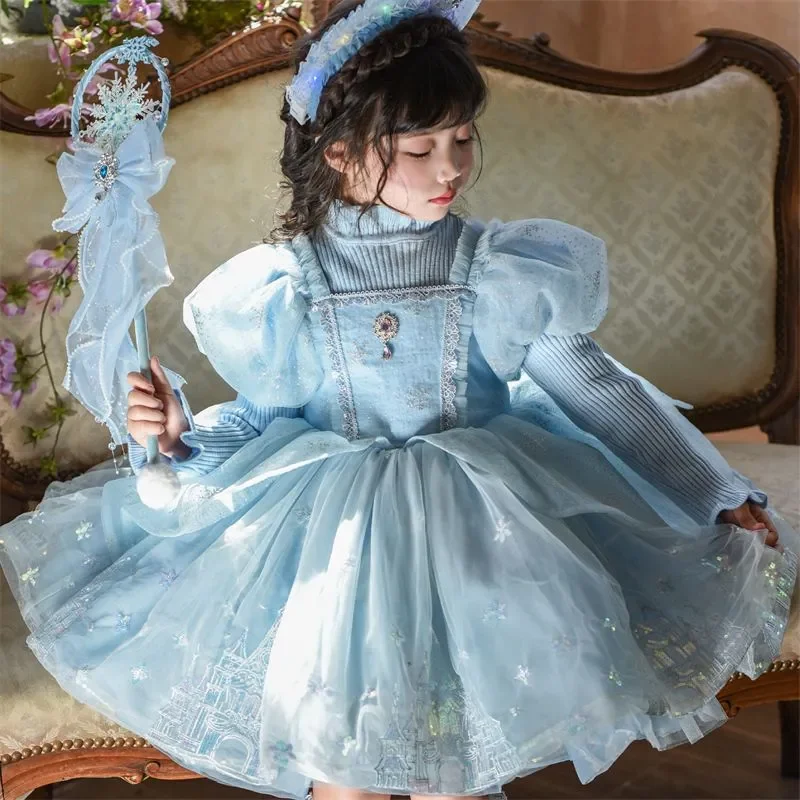 Baby Girls Autumn Winter Sweet Princess Ball Gown Floral Birthday Blue Lolita Sundress+Sweater Chinese Thick Clothes Shiny Dress