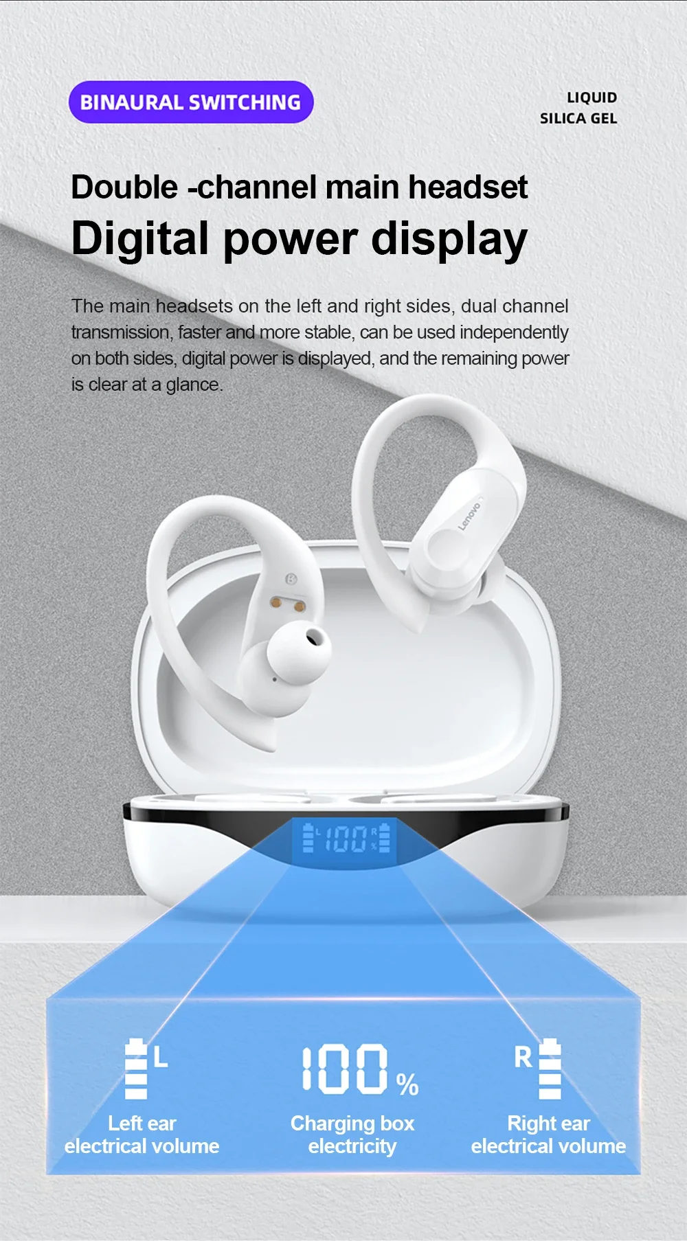 Lenovo LP75 Bluetooth-Headset, Sicherer Ohrbügel, Kabellose Ohrhörer, LED-Batterieanzeige, Ergonomisches Design, Kopfhörer für Outdoor-Aktivitäten – Detail 7