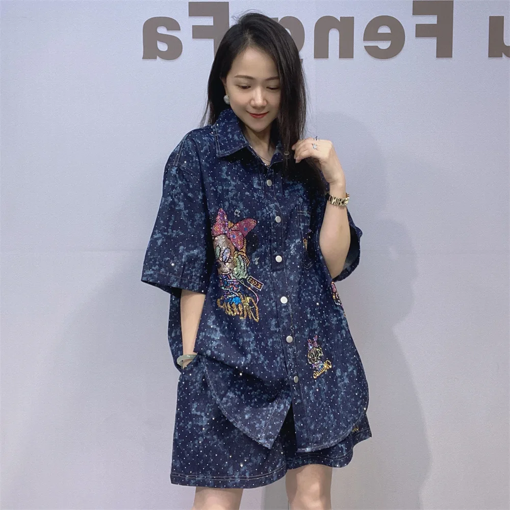 Conjuntos de pantalones cortos de mezclilla para mujer, conjuntos de dos piezas, blusa informal con cuello vuelto de dibujos animados, conjuntos a juego de gran tamaño, moda coreana