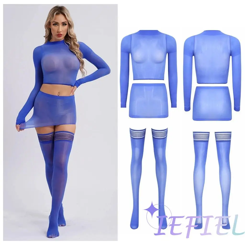 Womens Sexy Sheer Lingerie Set Thigh High Stockings Tempting 3-piece Nightwear Teddy Bodystocking Suit Club Pole Dancewear