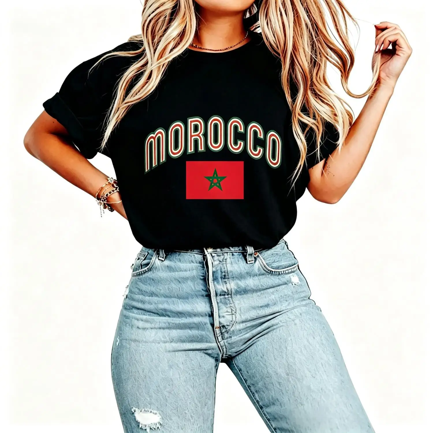 Oversized loose fit, soft cotton casual tee, retro varsity Morocco letter print, perfect for travel, holiday and daily wear.