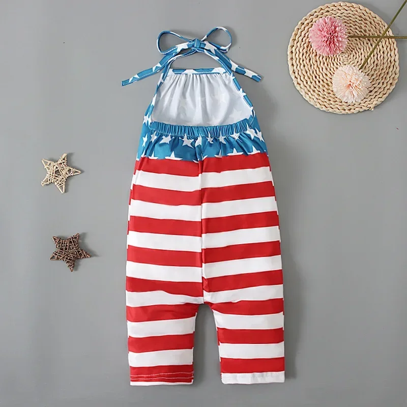 Vintage Kids Girls Jumpsuit One-pieces Bodysuits Independence Day Costume Cute Printed Backless Suspenders Haren Pants Playsuits