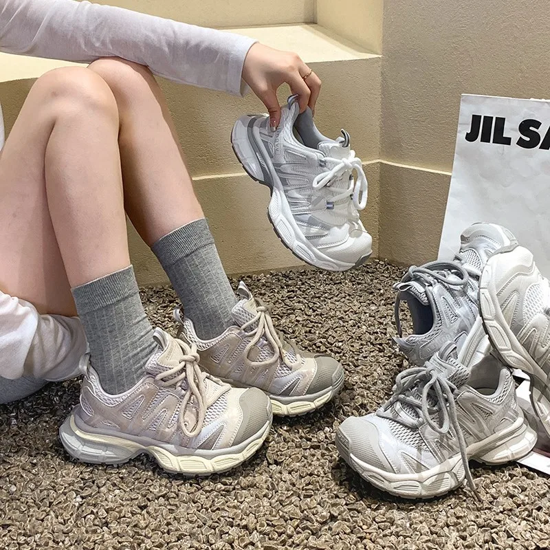 

2025 Women's Platform Dad Shoes Mesh Breathable Lace-Up Retro Athletic Sneakers Chunky Sole Height Increasing Casual Shoes