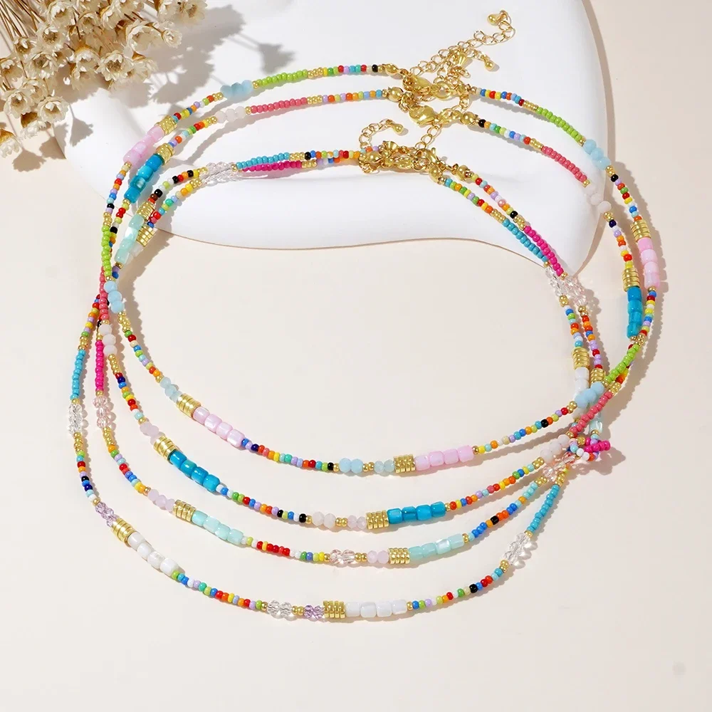 1PC Boho Beaded Necklaces For Women Dainty Colorful Summer Bohemian Mixed Bead Crystal Nekclace Choker Beach Jewelry