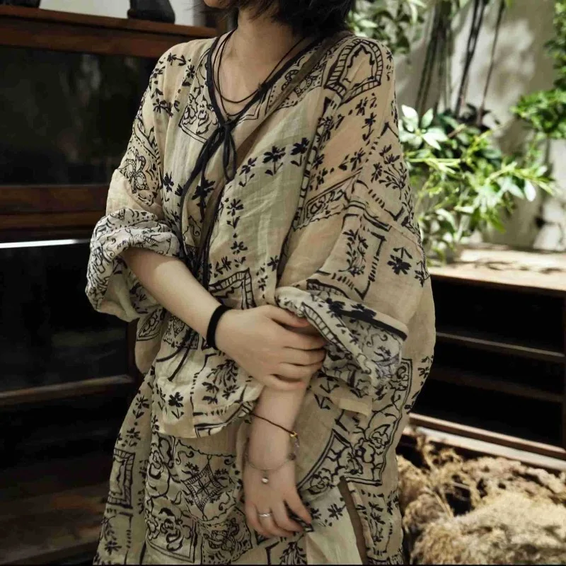 2026 Women New Arrival Floral Printed V-neck Dresses Autumn Long Sleeves Ramie Chinese Style Lace Up Lady Loose Casual Vestidos