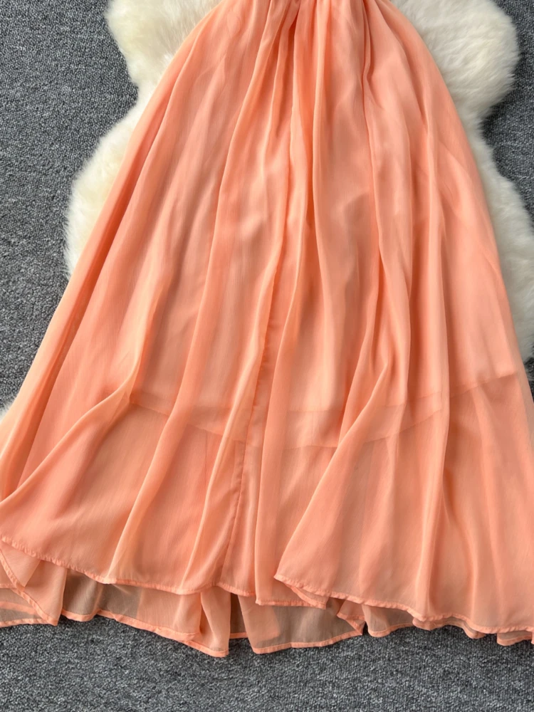 Abito lungo da spiaggia per le vacanze in Chiffon a trapezio con scollo a v profondo da donna Sexy senza maniche
