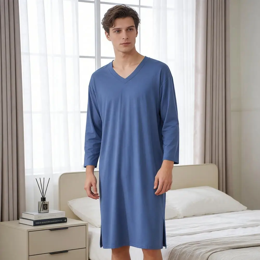 

Breathable Men Nightgown Men's V-neck Nightgown Long Sleeve Soft Modal Fabric Robe Casual Loose Fit Sleepwear Comfortable Home