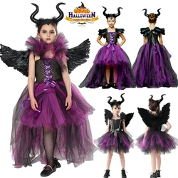 Girls Evil Witch Cosplay Dress Purple Maleficent Neck Halloween Costume Fairy Carnival Party Outfit