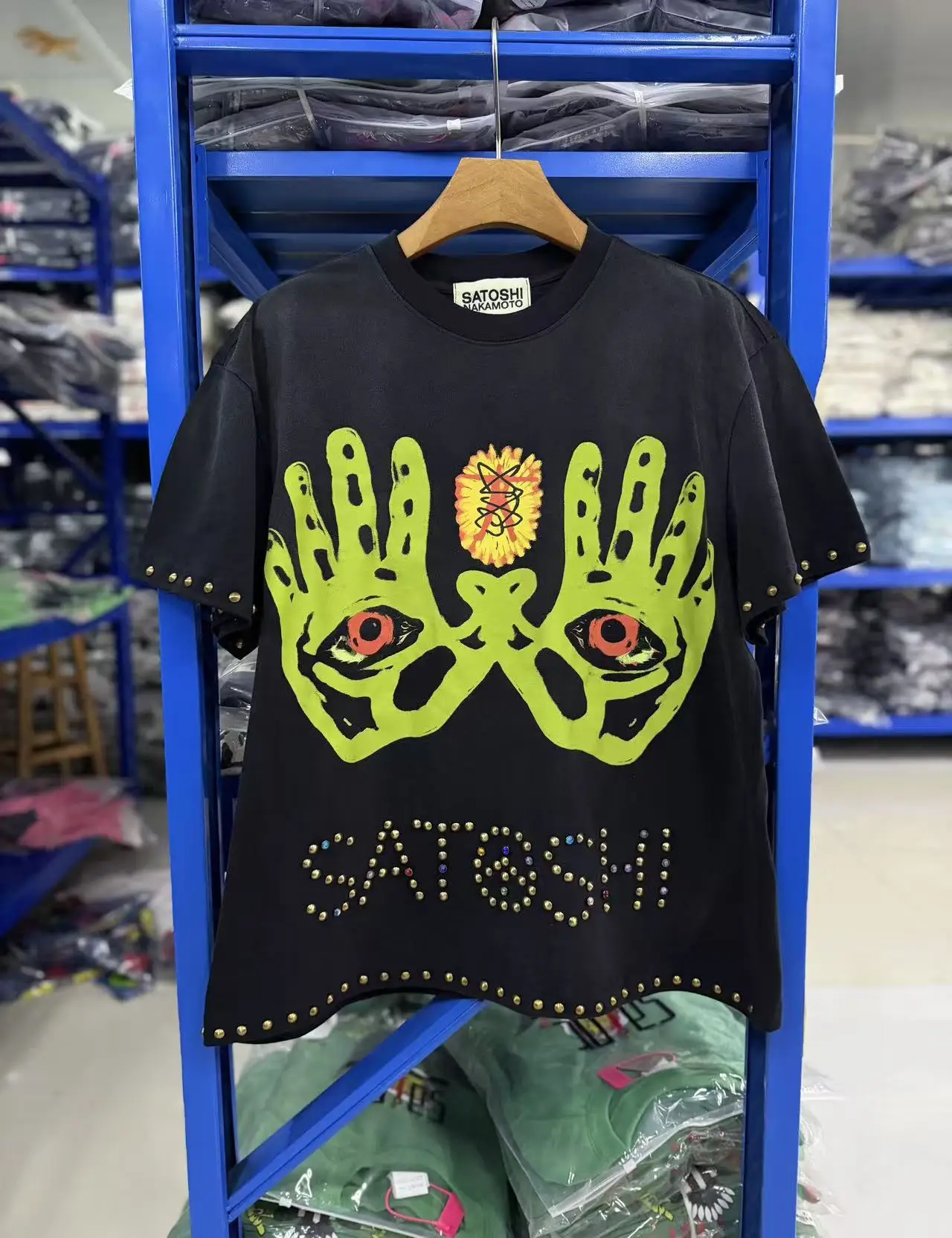 New Men Satoshi Nakamoto Rhinestone Positive Energy T Shirts T-Shirt Hip Hop Skateboard Street Cotton T-Shirts Tee Top US A52