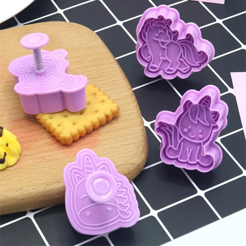 4Pcs/set Unicorn Cookie Cutters Plastic 3D Cartoon Shape Pressable Biscuit Mold Pastry Embossing Biscuit Baking Tools