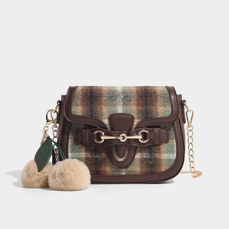 JIAERDI Vintage Plaid Wool Saddle Bag Women Color Block Large Capacity Shoulder Bag Ladies Autumn Winter New Crossbody Bags 2025
