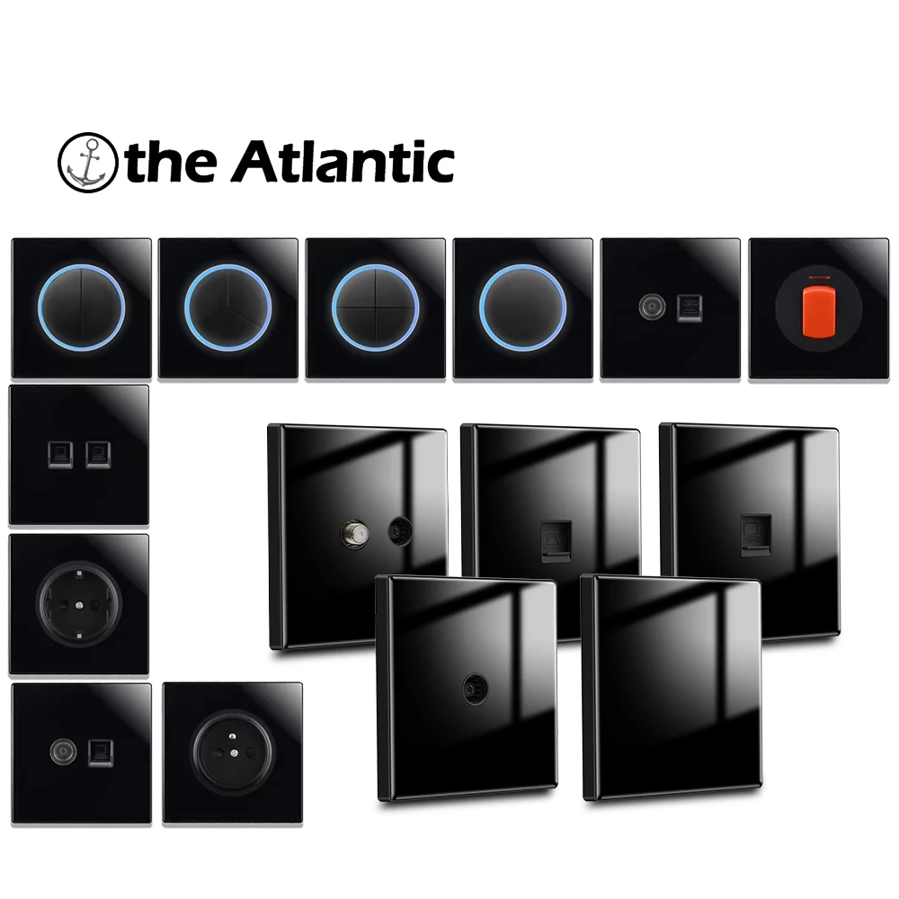 

Выключатель света со светодиодным индикатором EU FR Розетка питания Кнопка сброса Переключатель ТВ RJ45 Черное стекло Панельный переключатель 86 мм * 86 мм