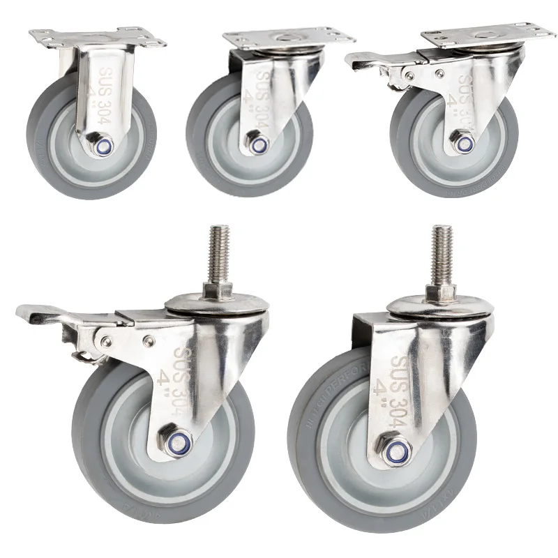 4units 5inch medium304 stainless steel TPR Casters mute no rust rigid swivel brake wheel double bearing Industrial casters