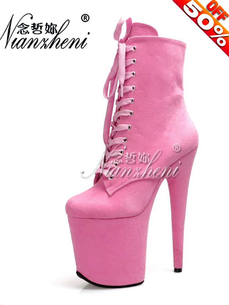 Gothic Exotic Platform Crossdresser Ankle Boots Sexy Fetish 20cm Round Toe Stripper Heels Big Size Pole Dance Flock Womens Shoes