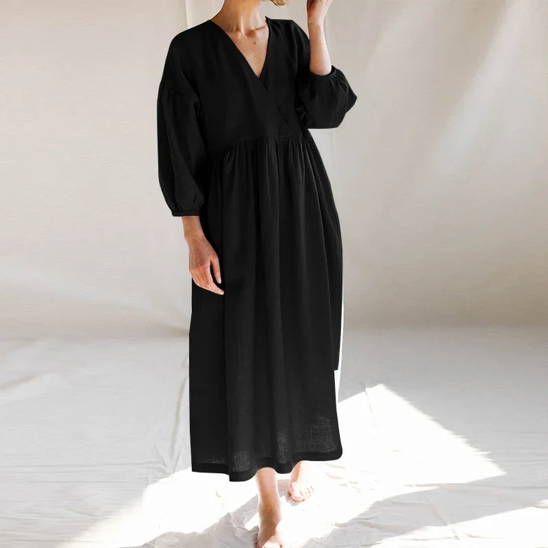 Afbeelding 6: Casual Katoen Linnen Zomer Vrouwen Jurk Sexy V-hals Patchwork Koreaanse Fashion Holiday Beach Party Jurk Met Zakken