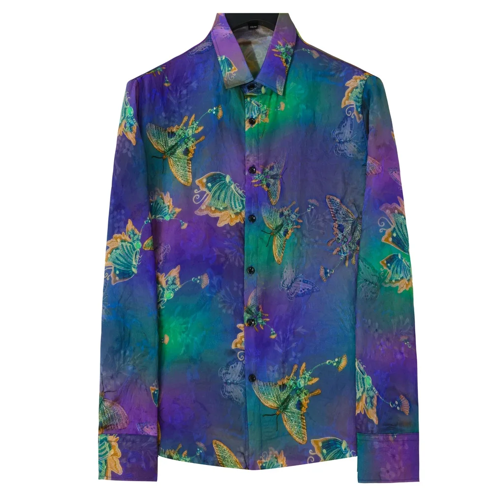 

2026 Colorful Butterfly Printed Men's Shirt Long Sleeve Loose Casual Shirts Loose Breathable Social Business Banquet Party Shirt