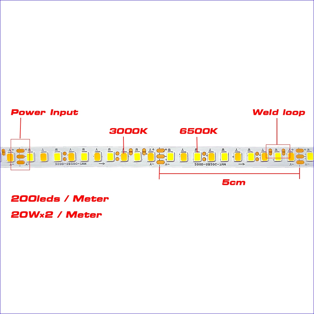 (3 solder joints) 5 meters 2835-200D-7mm SANAN Chip LED strip constant current LED ribbon 20W×2/Meter 3colors light belt.