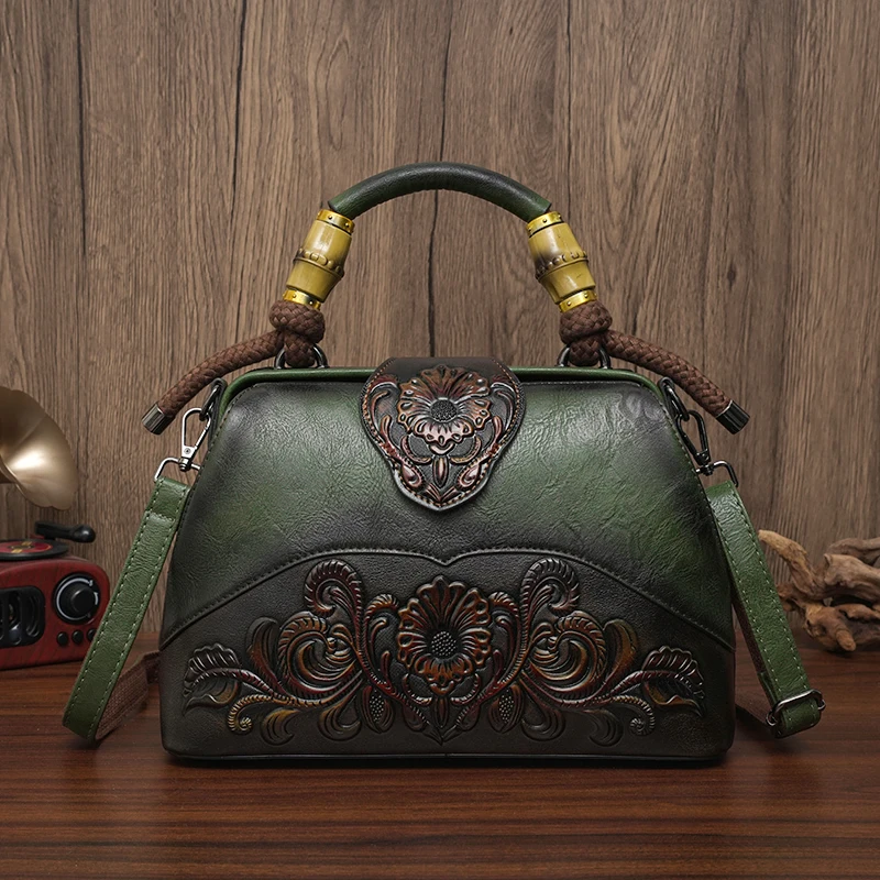 

Women Leather Handbag Fashion Embossed Bag Top Handle Bag Floral Pattern Bamboo Handle Design Adjustable Strap Daily Use Bag