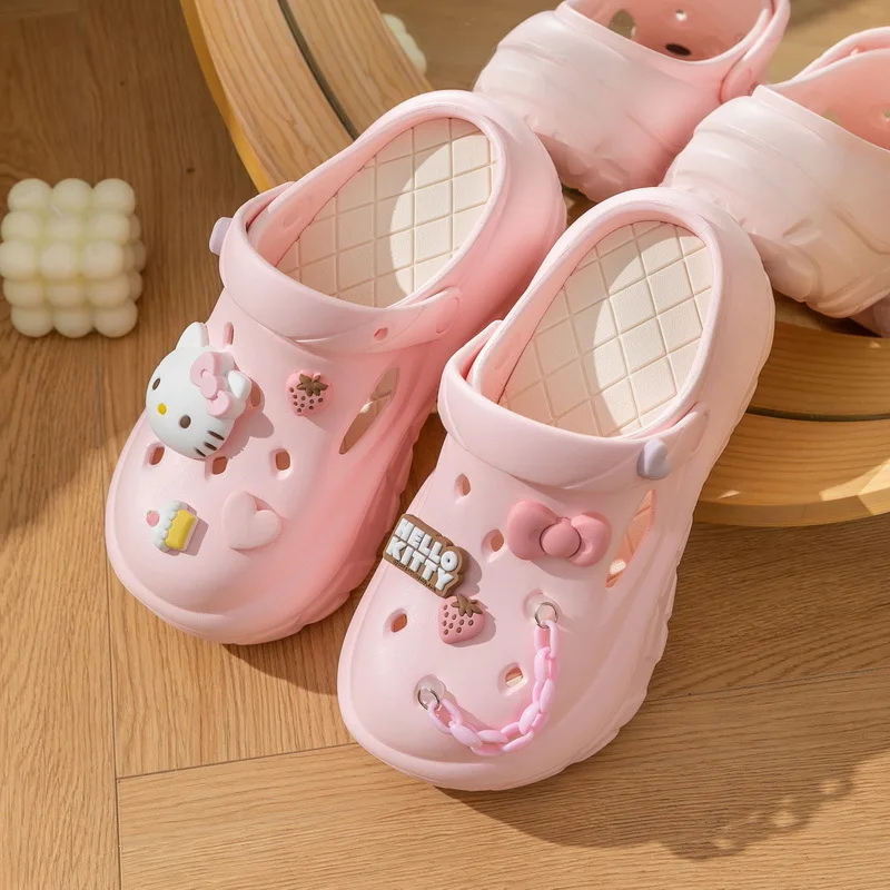 

New Sanrio HelloKitty Slippers DIY Cute Cartoon Platform Beach Half Sandals Women Garden Cave Hole Summer Girls Shoes Gifts