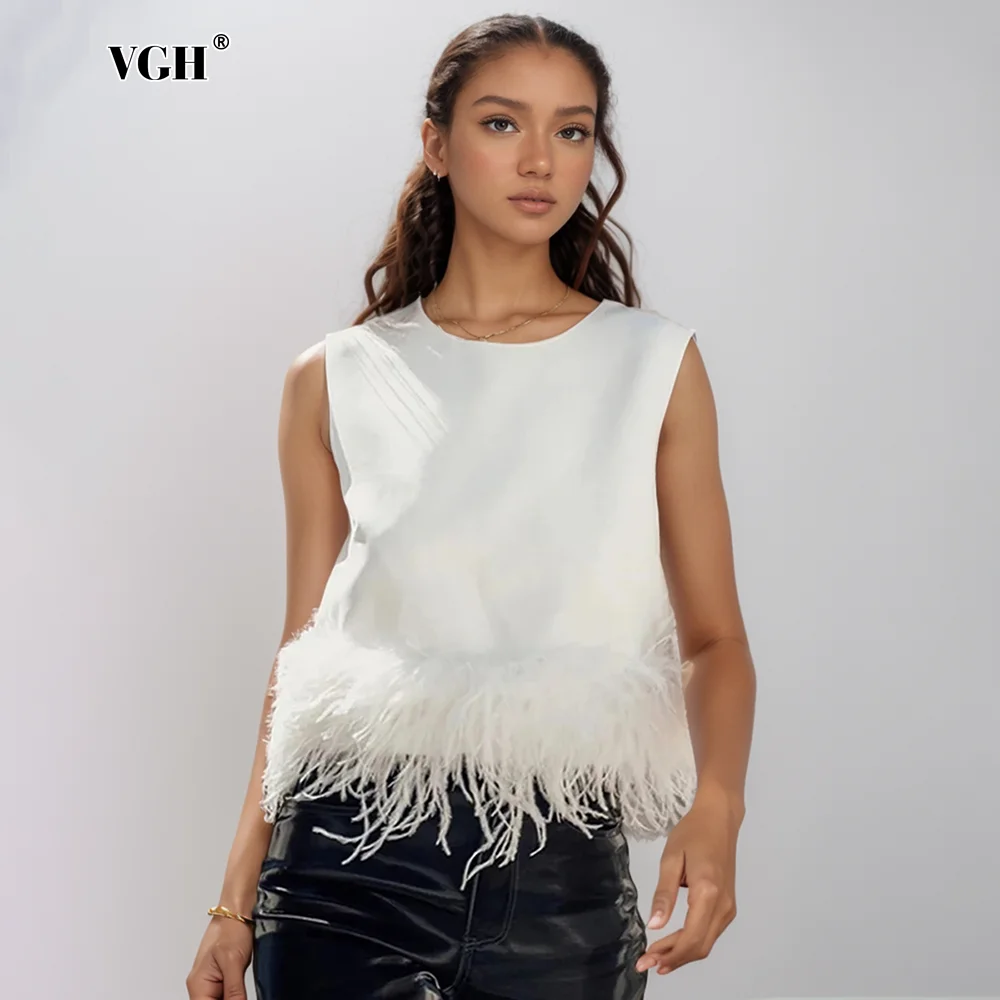 VGH Solid Patchwork Feather Short Tank Tops For Women Round Neck Sleeveless Patchwork Zipper Casual Vest Female Fashion Style