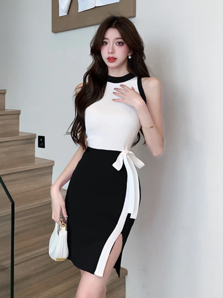 Delle donne Falso 2 Pezzi Maglia Sexy Senza Maniche Aderente Skinny Abito Corto O-Collo Sottile Cravatta Divisa Mini Abiti Mujer Partito Casual Nuovo