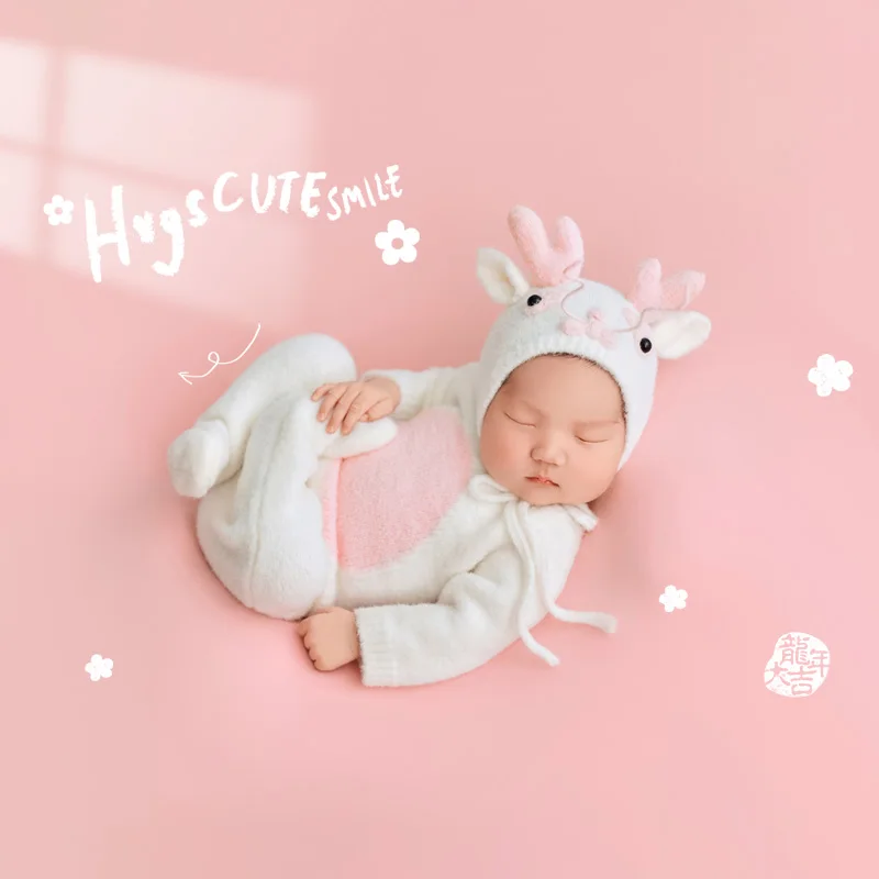 Newborn Baby Photography Clothing Knitted Chinese Dragon Hat Long-Sleeved Onesie Pinkish-White Theme Baby Animal Photo Props