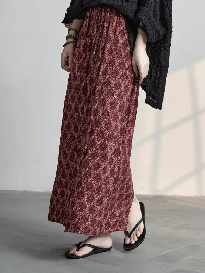 

Artistic Ethnic Style Long Open Slit Straight Cut Skirt Breathable Drapey Loose Fit Summer plus Size Women's High Waist Skirt