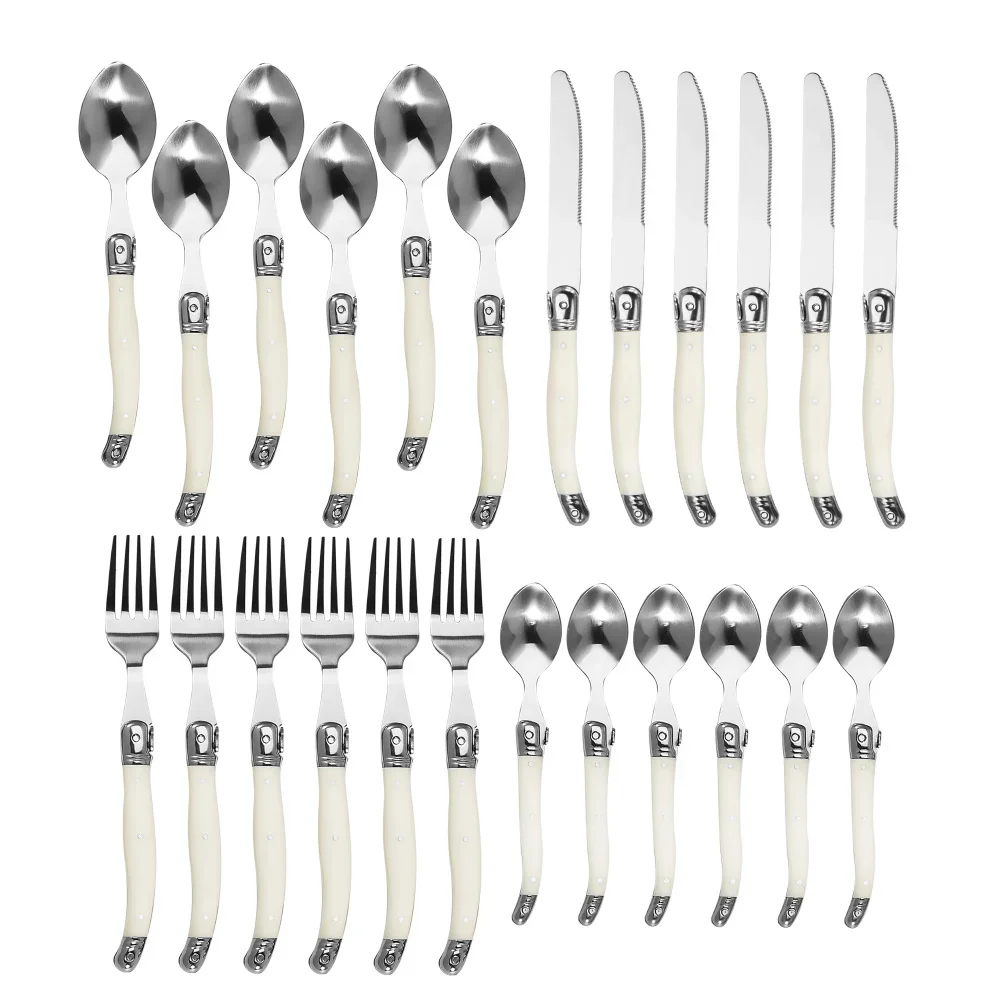 Jaswehome 24Pcs Laguiole Silverware Steak Knives Forks Spoons Teaspoon Set Stainless Steel Ivory white Plastic Handle Cutlery