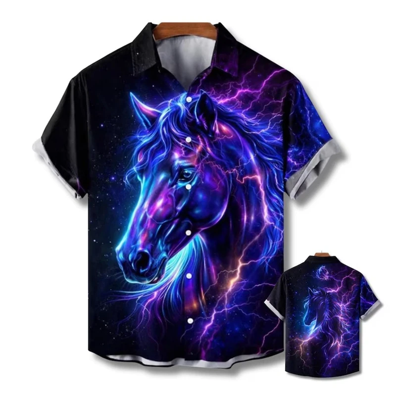 

Men's Neon Horse Hawaiian Shirt Retro 80s Print Horses Pattern Casual Short Sleeve Button Down Blouse Summer Shirt For Street