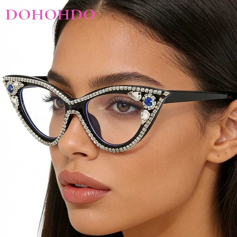 

DOHOHDO New Cat Eye Diamond Glasses Frame Women Men Fashion Luxury Oversized Rhinestones Sun Glasses Trendy Clear Eyeglasses