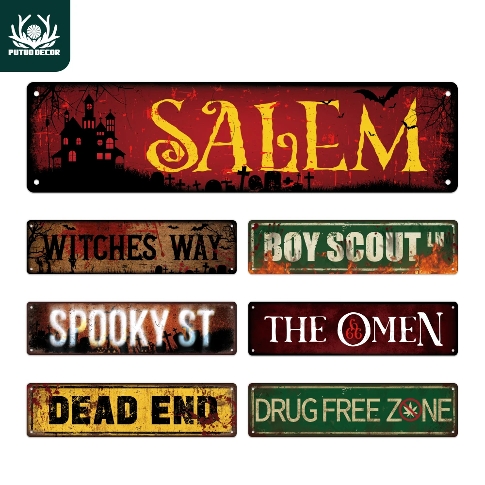 Putuo Decor 1pc Vintage Metal Road Sign Signpost, Salem Witches Way Spooky St Dead End Boy Scout Ln the 666 Omen, Halloween Gift