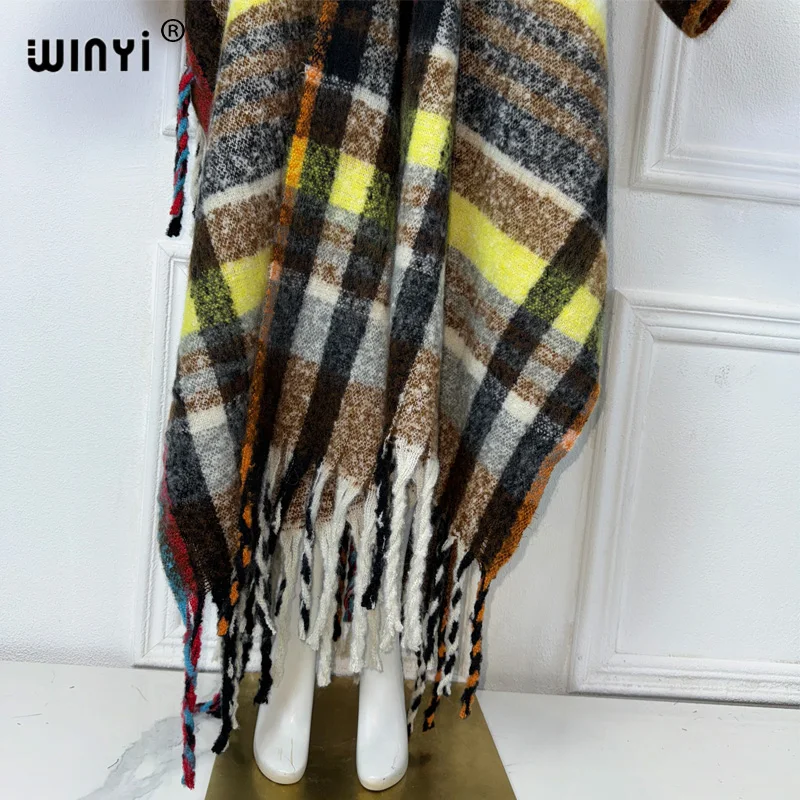 WINYI Winter African cardigan Classic plaid print abaya outfits for women Fringed coat Open Front Kimono long down party dress