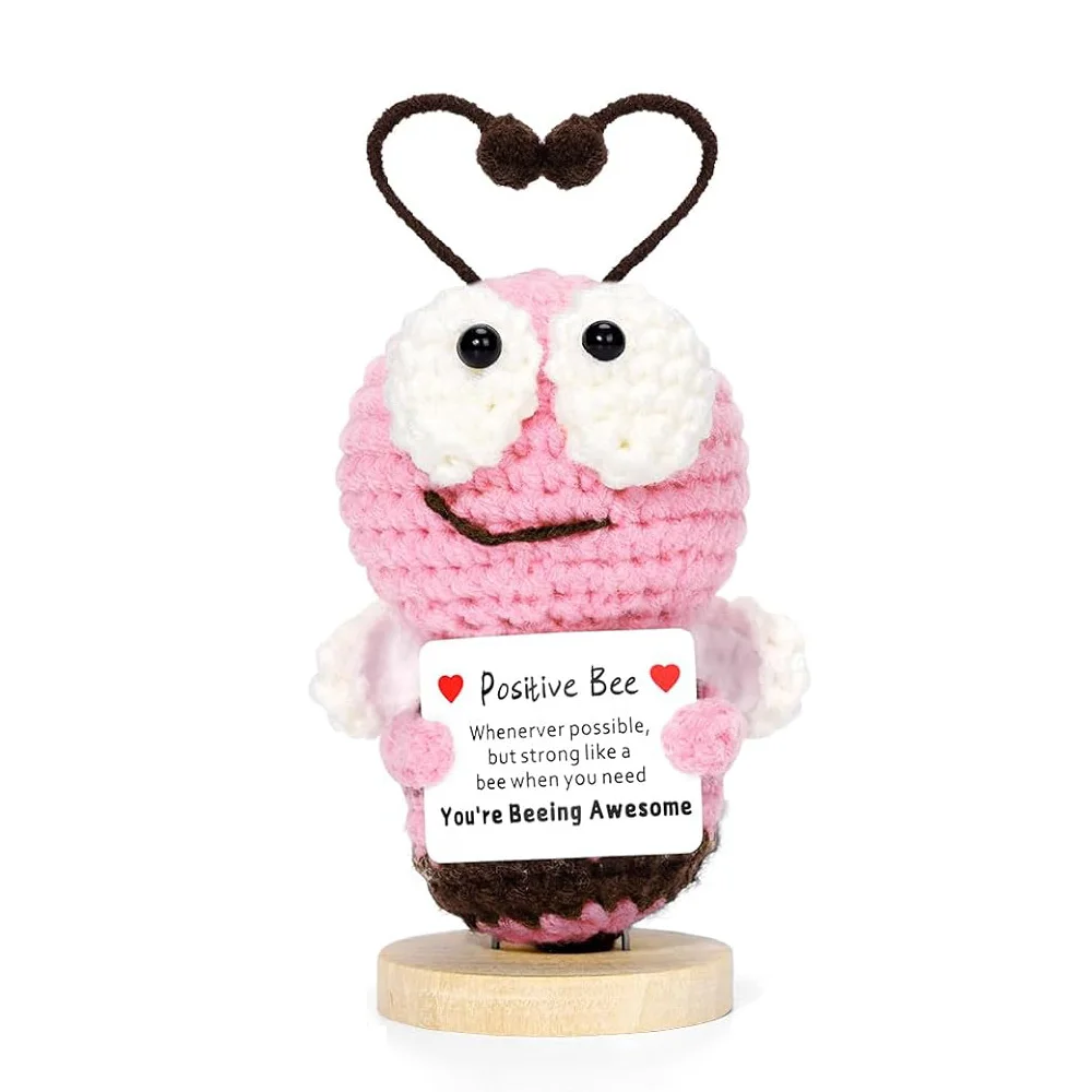 Handmade Knitted Positive Energy Bee Doll Desktop Ornament Funny Crochet Emotional Support Bee Doll With Card Christmas Gifts