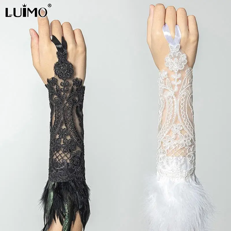 Natural Feather Black White Lace Long Gloves Women Party Sexy Fingerless Gloves Exaggerated Lace Fishnet Gloves Y2k Accessories