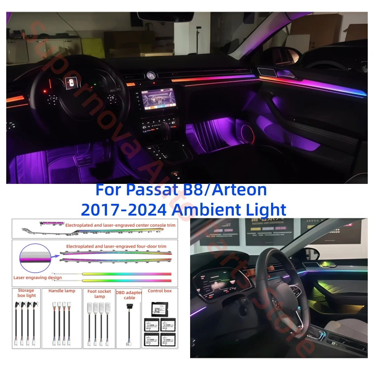 For Passat B8/Arteon 2017-2024 Ambient Light automotive interior light upgrade Car accessories Decorative strip 1:1 trim panel