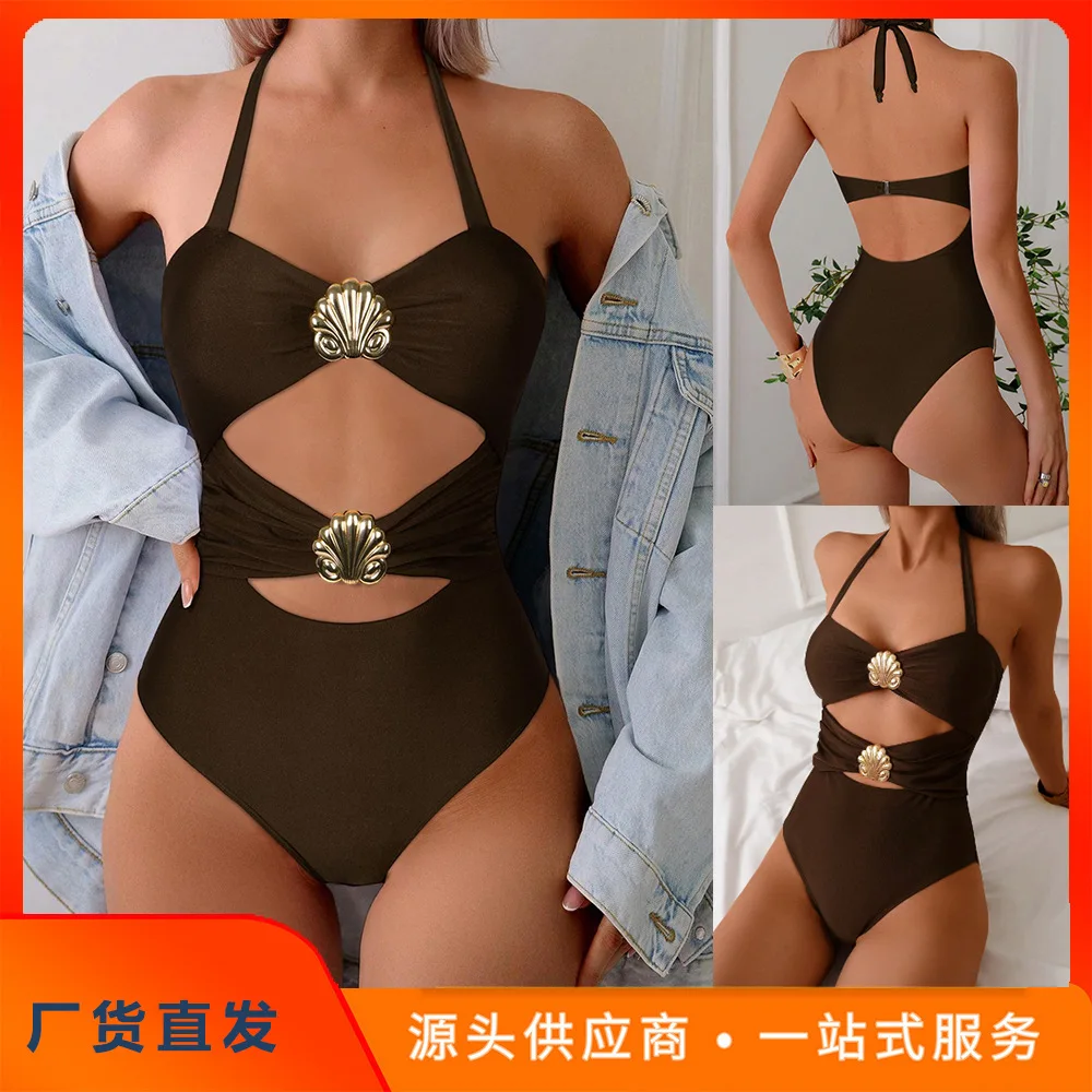 2026 new year swimsuit solid color splicing metal buckle swimsuit European and American one-piece swimsuit