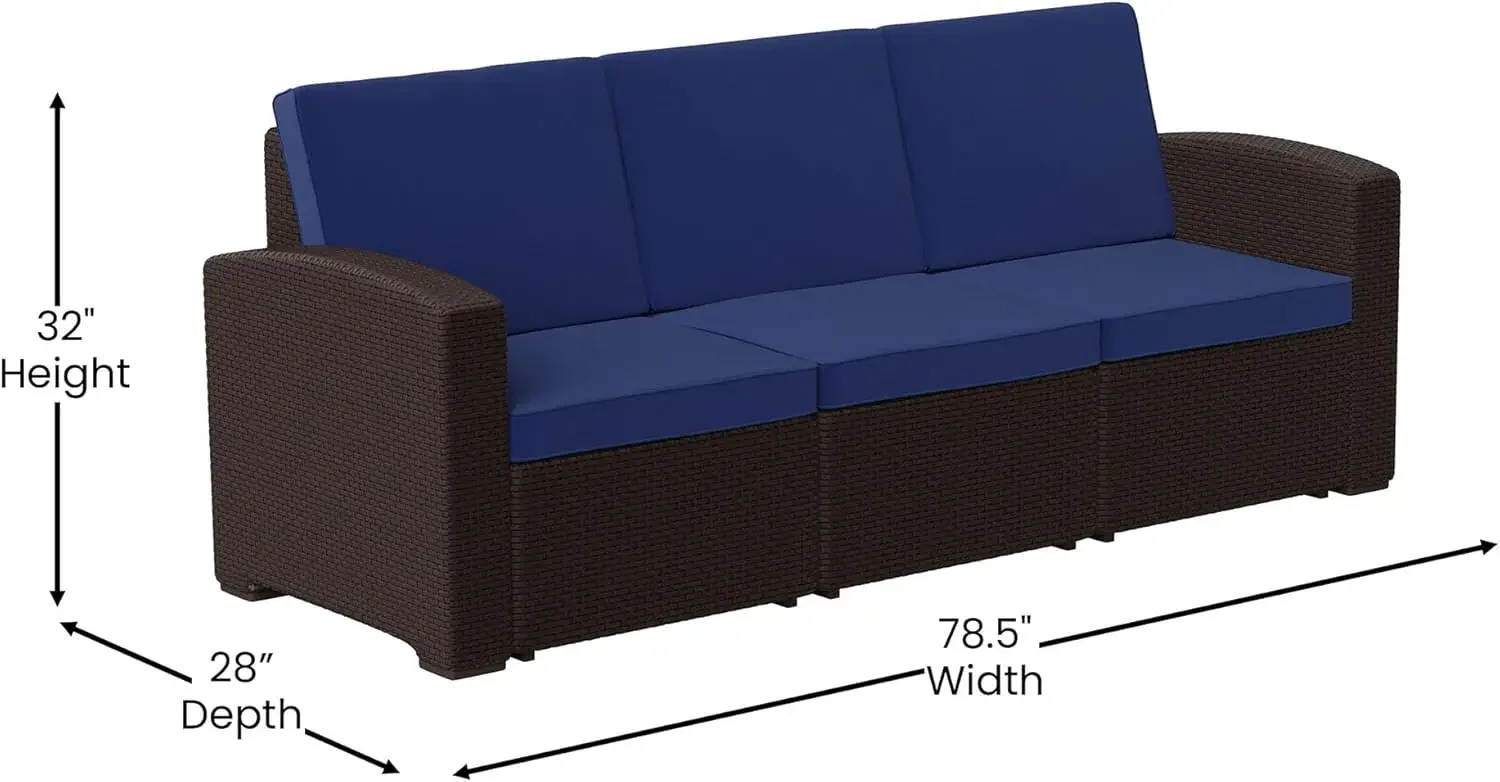 Chocolate Brown Faux Rattan Sofa with All-Weather Navy Cushions for patio, deck, poolside