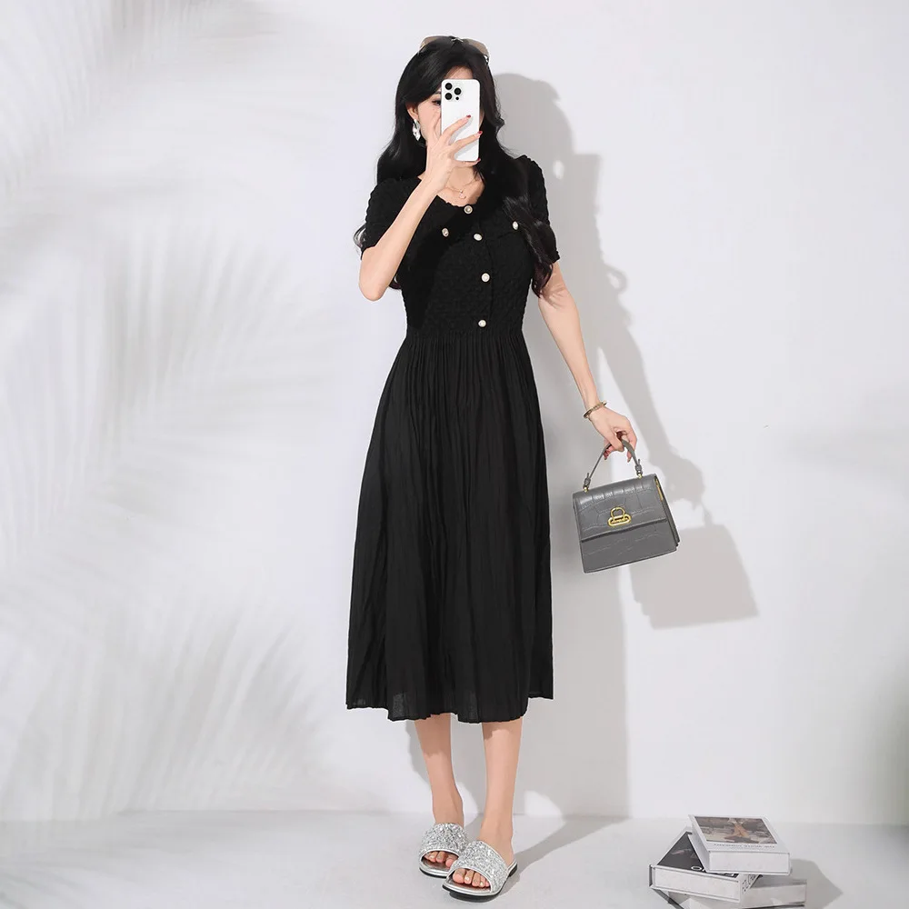 

Miyake Pleated 2025 Summer New Korean Design Niche Short-sleeved French Temperament Heavy Pressing Pleated Dress Women's Skirt